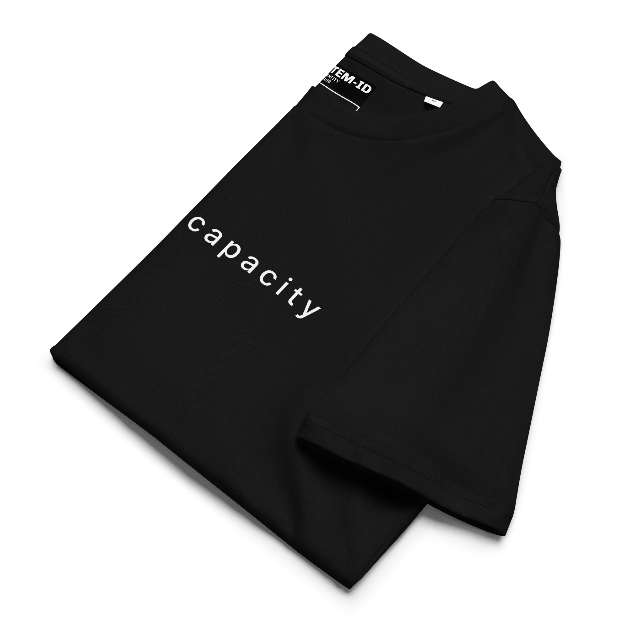 Black-shirt with a black label on a light gray background