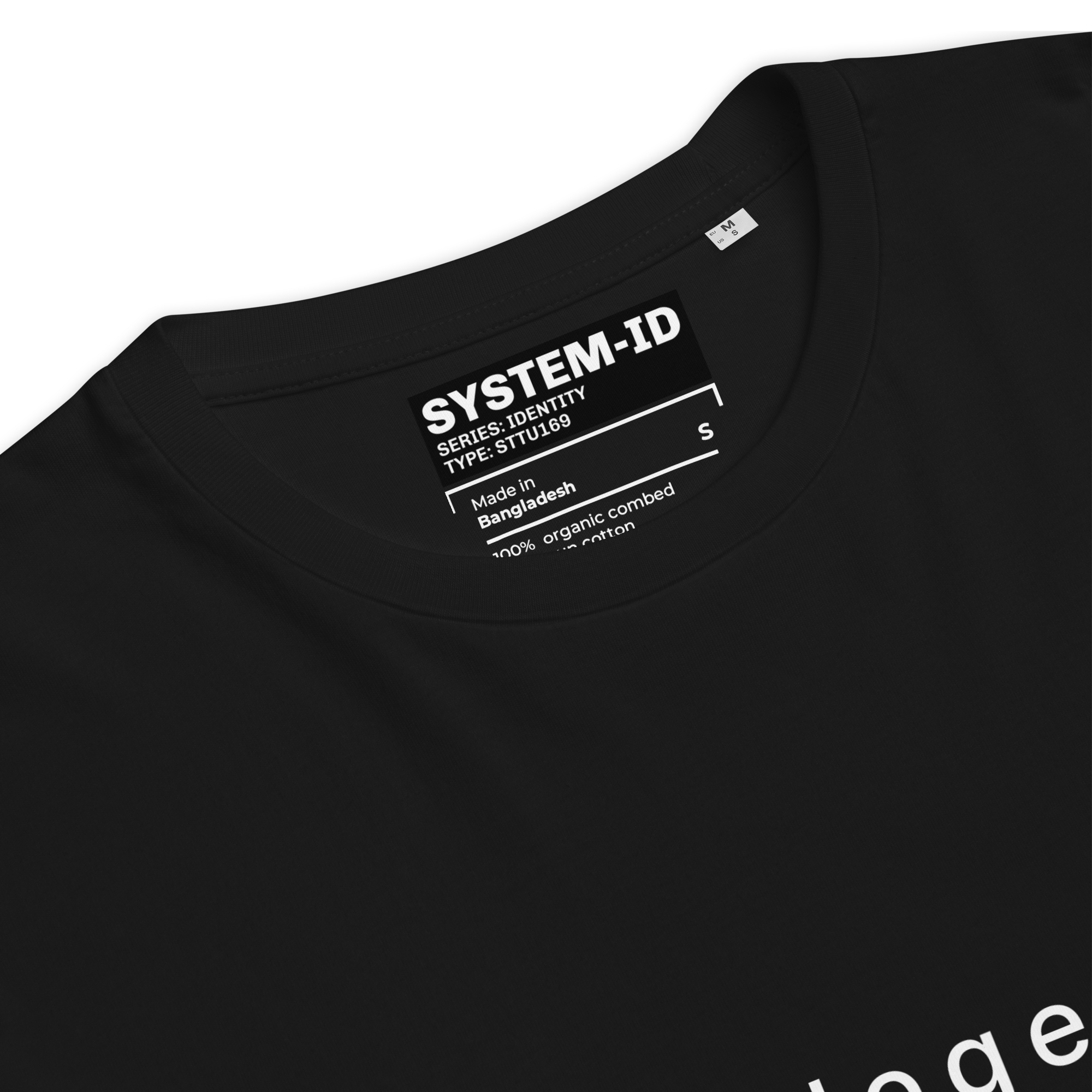 Black t-shirt with SYSTEM-ID label on a white background