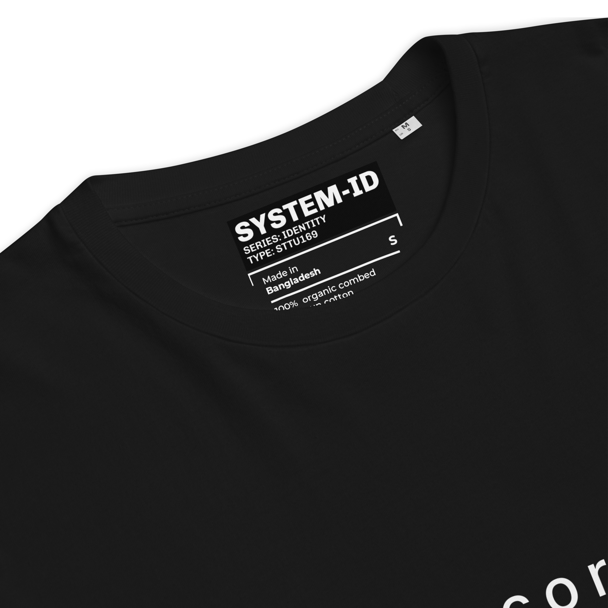 Black t-shirt with SYSTEM-ID label on a white background