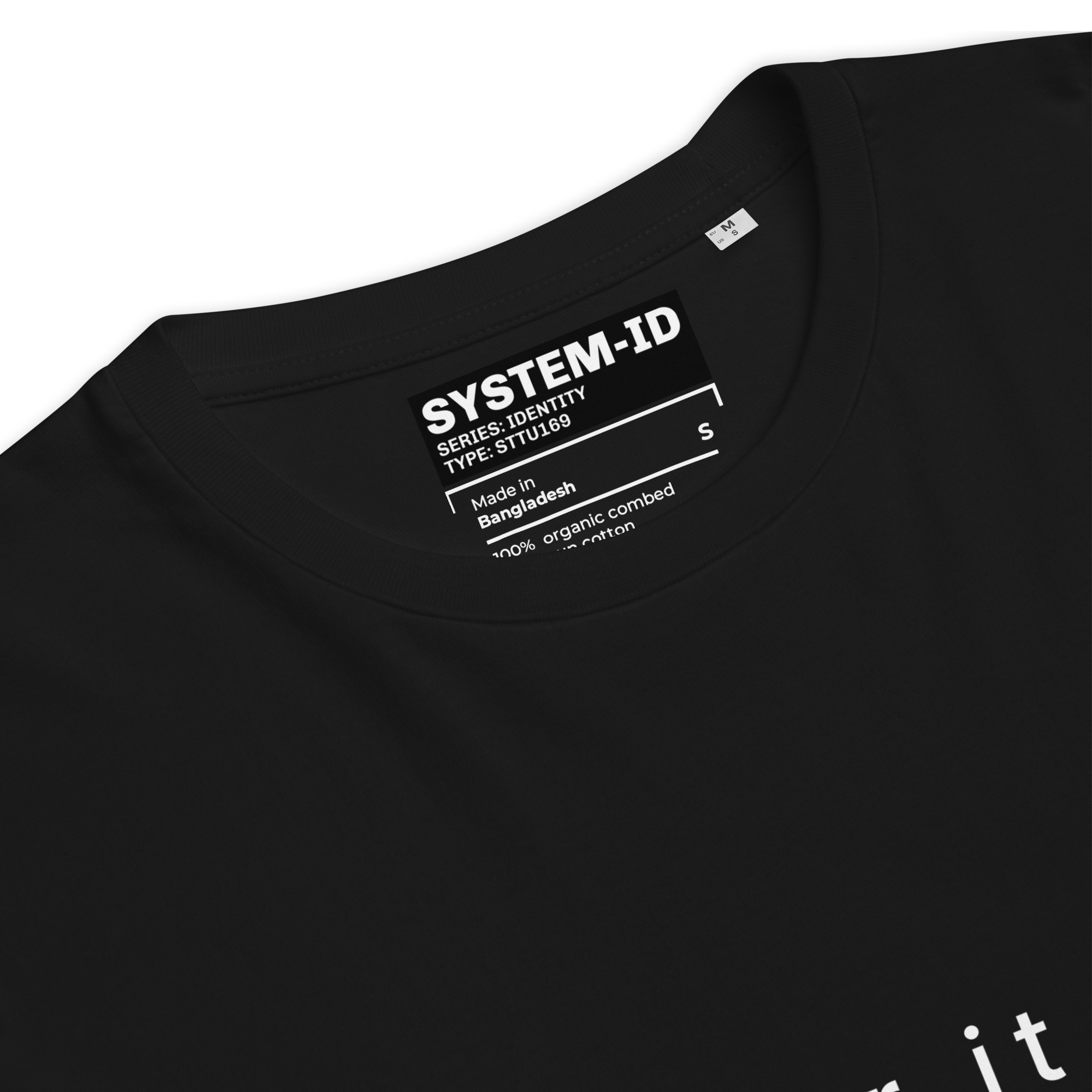 Black t-shirt with SYSTEM-ID label on a white background