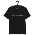 Black t-shirt with 'do not engage' text on a hanger against a white background