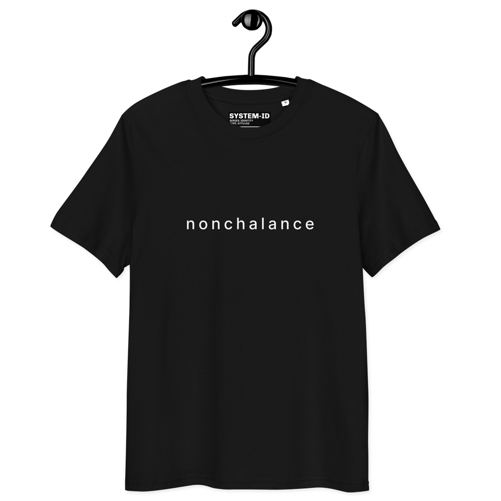 Black t-shirt with 'nonchalance' text on a hanger against a white background
