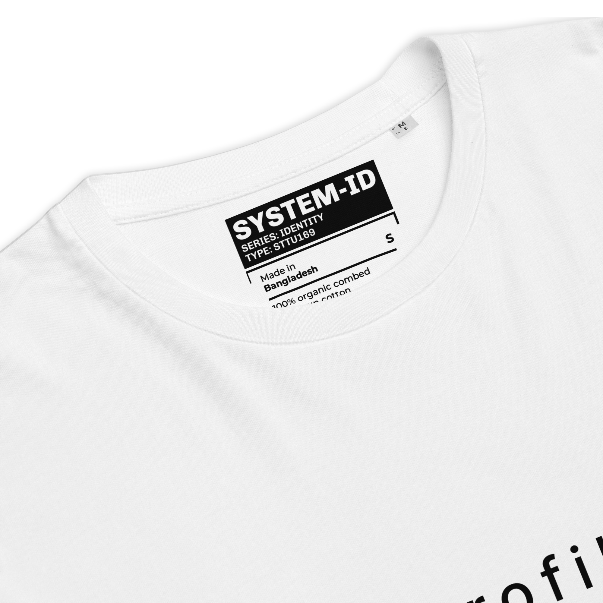 White t-shirt with a black label on a white background