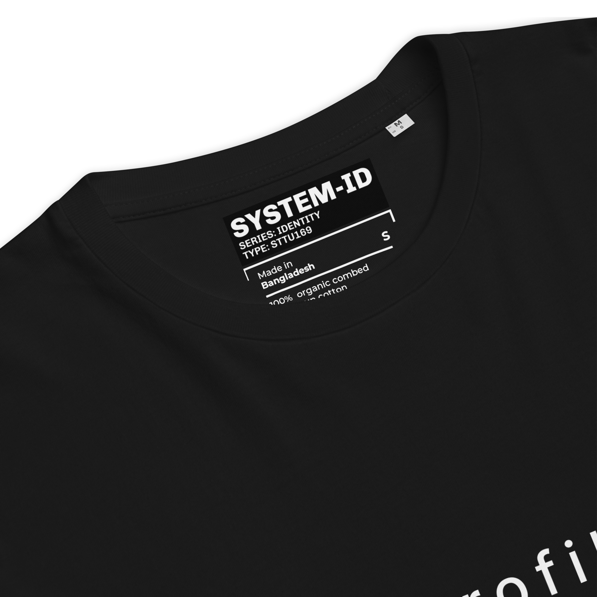 Black t-shirt with SYSTEM-ID label on a white background