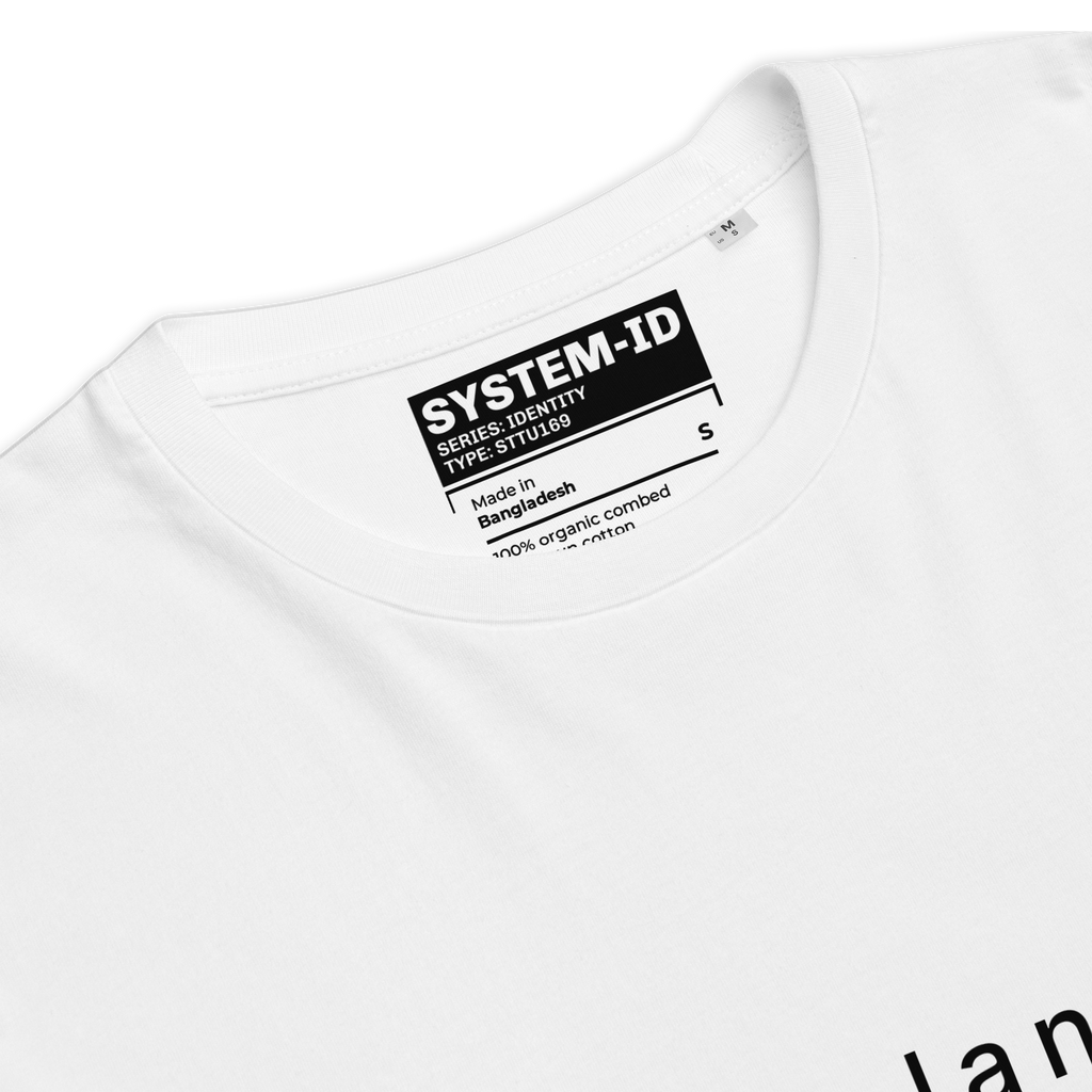 White t-shirt with a black label on a white background
