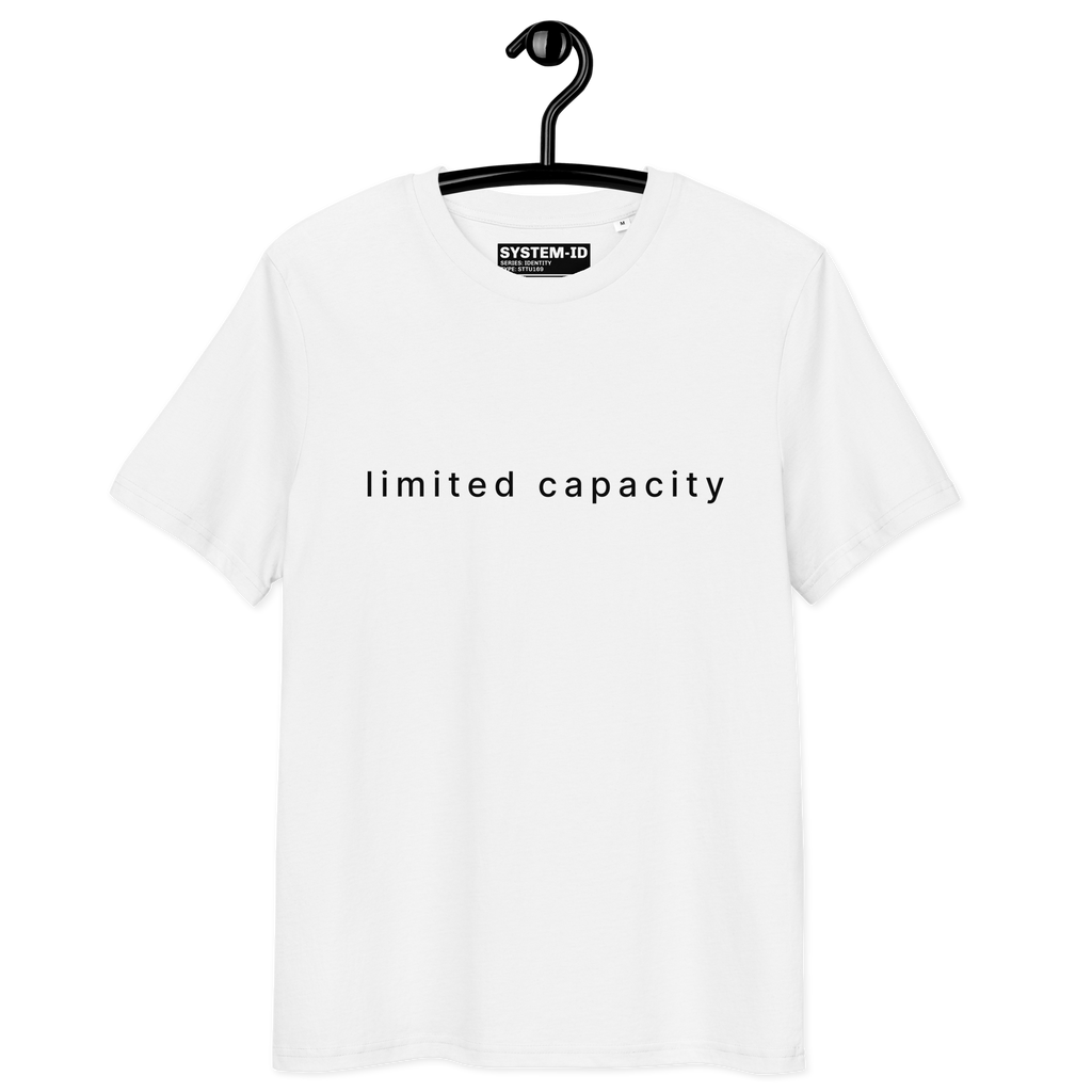 White t-shirt with 'limited capacity' text on a hanger against a white background