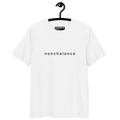 White t-shirt with 'nonchalance' text on a hanger against a white background