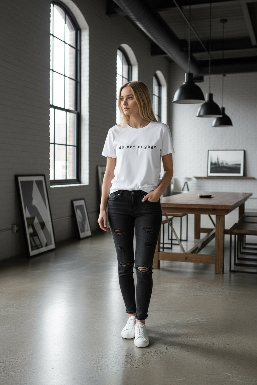 do not engage_white_t-shirt on model